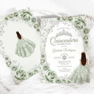 Invitación Quinceanera floral de plata verde salada