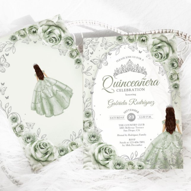 Invitación Quinceanera floral de plata verde salada (Subido por el creador)