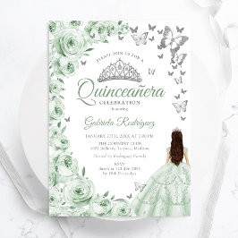 Invitación Quinceanera floral de plata verde salada