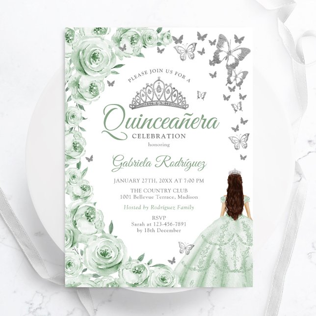 Invitación Quinceanera floral de plata verde salada (Subido por el creador)
