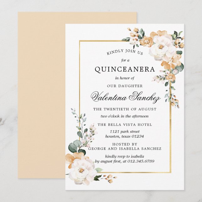 Invitación Quinceanera floral de Rosa blanco y dorado (Anverso / Reverso)