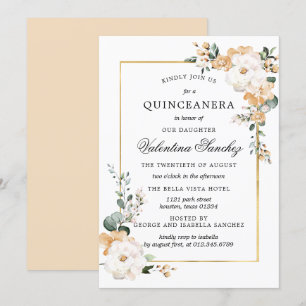 Invitación Quinceanera floral de Rosa blanco y dorado