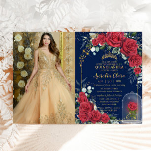 Invitación Quinceañera floral de rosa roja encantada azul