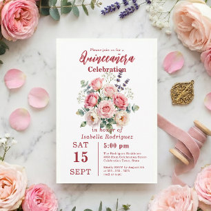 Invitación Quinceañera floral de rosa rosa acuarela 
