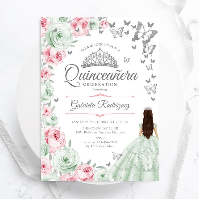 Invitación Quinceanera floral de rosa verde sabio (Subido por el creador)