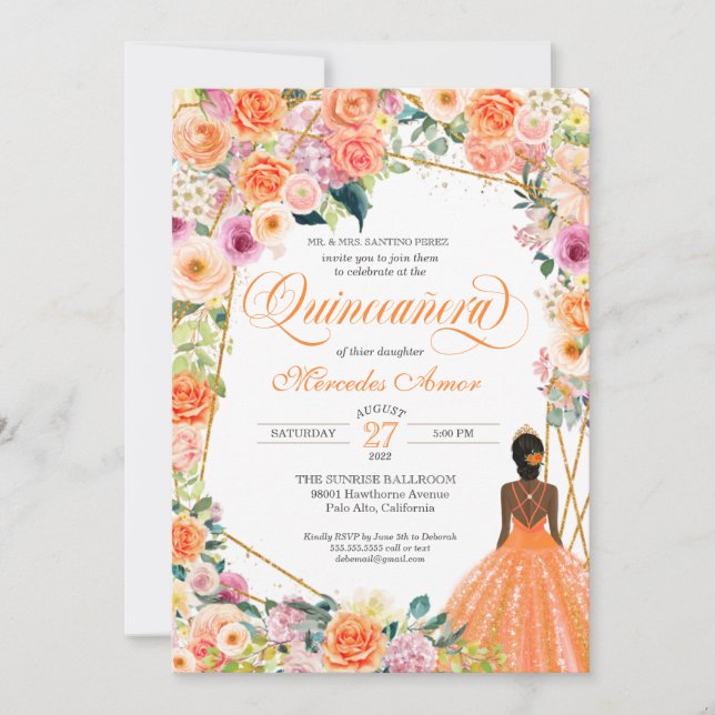 Invitación Quinceanera floral de rosa y naranja (Anverso)