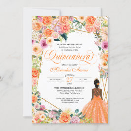 Invitación Quinceanera floral de rosa y naranja