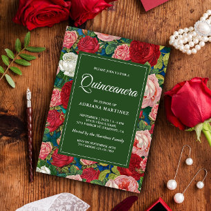 Invitación Quinceanera floral de rosas rojas románticas vinta