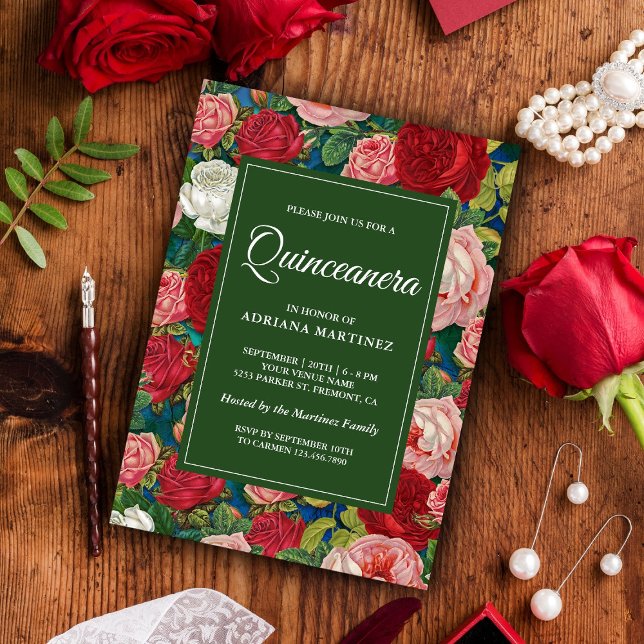 Invitación Quinceanera floral de rosas rojas románticas vinta (Subido por el creador)