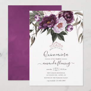 Invitación Quinceañera Floral de Terciopelo Profundo