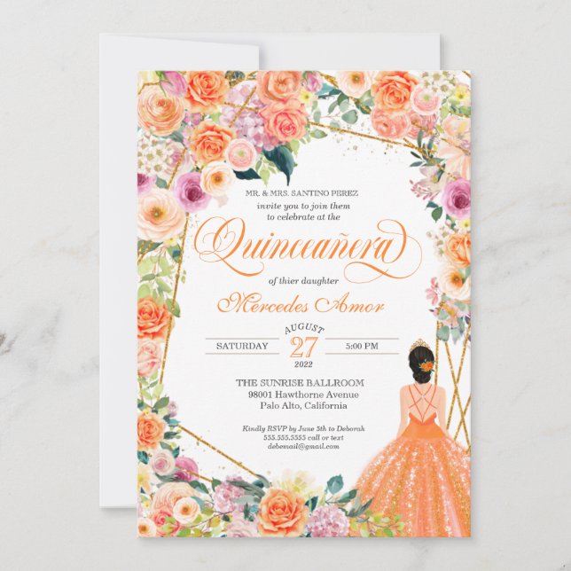 Invitación Quinceanera floral de verano con rosas naranjas y  (Anverso)
