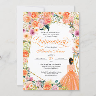 Invitación Quinceanera floral de verano con rosas naranjas y 