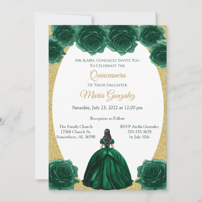 Invitación Quinceanera floral de verde esmeralda y oro (Anverso)