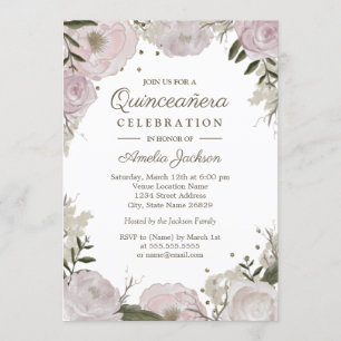 Invitación Quinceanera floral dorada