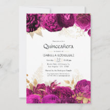 Quinceañera floral dorada y rosa intenso