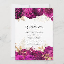 Invitación Quinceañera floral dorada y rosa intenso