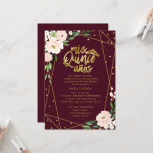 Invitación Quinceañera Floral Dorado Burgundy Rubo