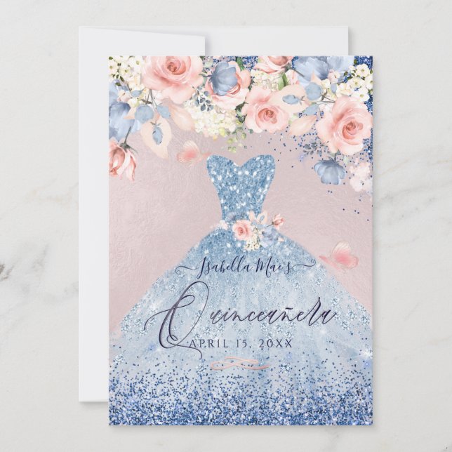 Invitación Quinceanera Floral Dusty Azul Purpurina Gown (Anverso)