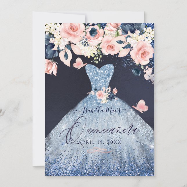 Invitación Quinceanera Floral Dusty Azul Purpurina Gown (Anverso)