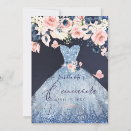Invitación Quinceanera Floral Dusty Azul Purpurina Gown