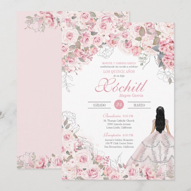 Invitación Quinceanera floral elegante con flores rosa Rubor  (Anverso / Reverso)