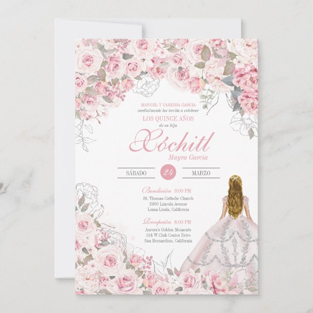 Invitación Quinceanera floral elegante con flores rosa Rubor  (Anverso)