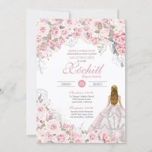 Invitación Quinceanera floral elegante con flores rosa Rubor 