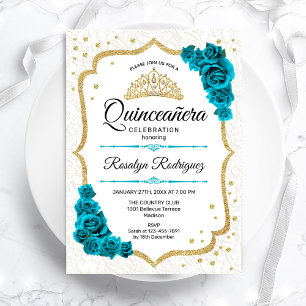 Invitación Quinceanera floral elegante de oro blanco verde az