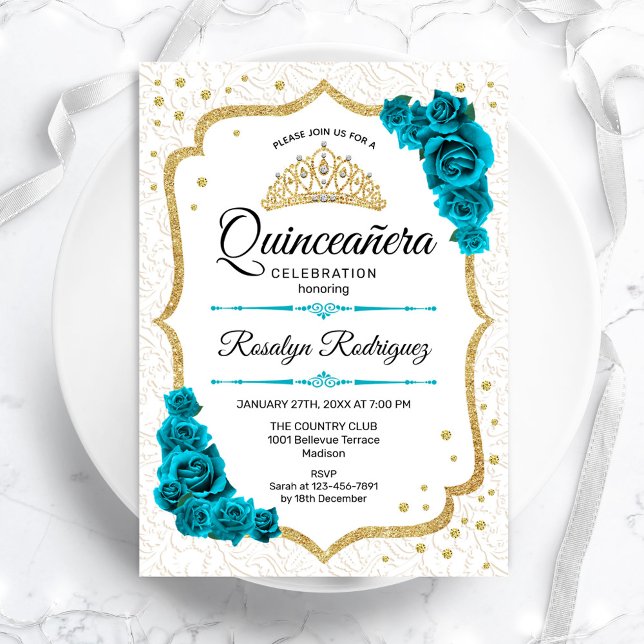 Invitación Quinceanera floral elegante de oro blanco verde az (Subido por el creador)