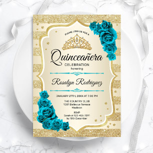 Invitación Quinceanera floral elegante de oro verde azulado