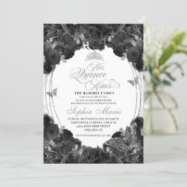 Invitación Quinceanera floral elegante en negro y plateado