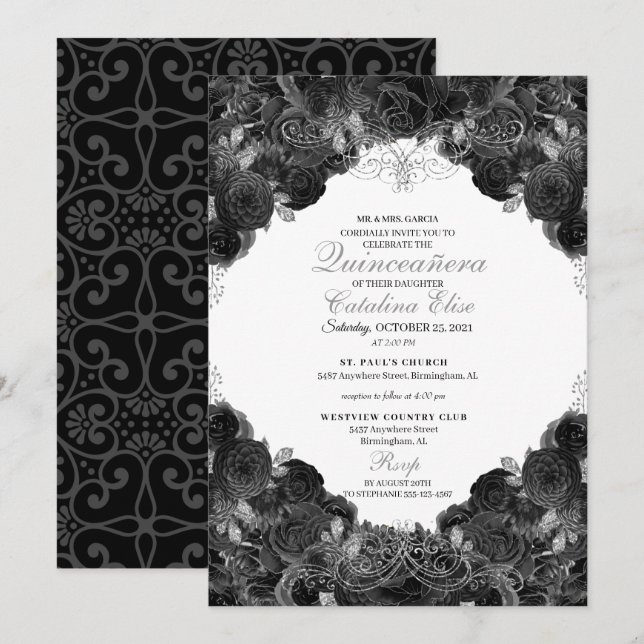 Invitación Quinceanera floral elegante en negro y plateado (Anverso / Reverso)