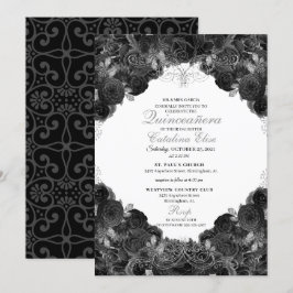 Invitación Quinceanera floral elegante en negro y plateado