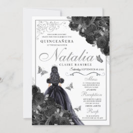Invitación Quinceanera floral elegante en negro y plateado