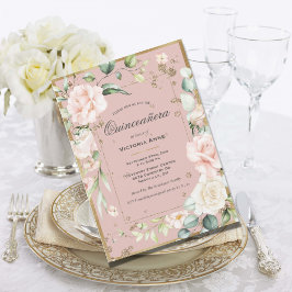 Invitación Quinceañera Floral Elegante Rosa Rubor Dorado