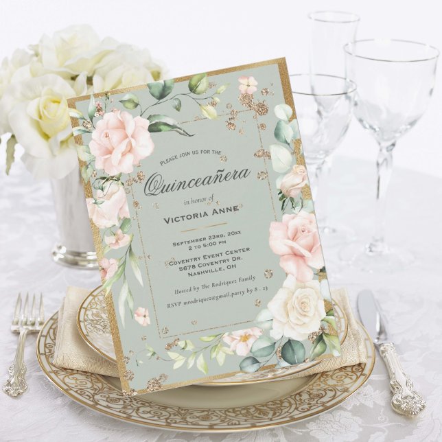 Invitación Quinceañera floral elegante verde salvia dorado (Subido por el creador)