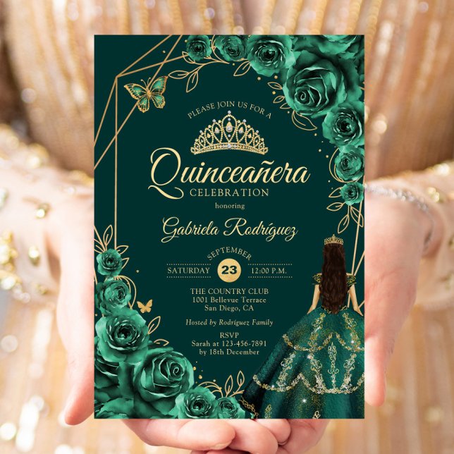 Invitación Quinceanera Floral Emerald Gold Gold Dress (Subido por el creador)