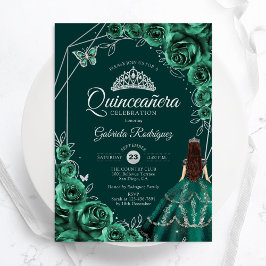 Invitación Quinceanera Floral Emerald Green Silver Dress
