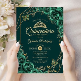 Invitación Quinceanera Floral Esmeralda Oro Verde