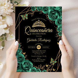 Invitación Quinceanera Floral Esmeralda Verde Oro Negro