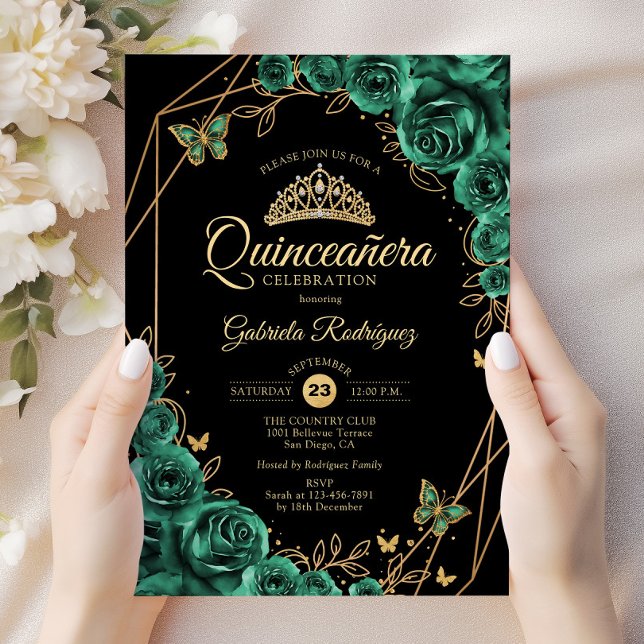 Invitación Quinceanera Floral Esmeralda Verde Oro Negro (Subido por el creador)