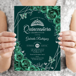 Invitación Quinceañera Floral Esmeralda Verde Plata