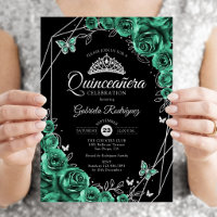 Quinceañera Floral Esmeralda Verde Plata Negro
