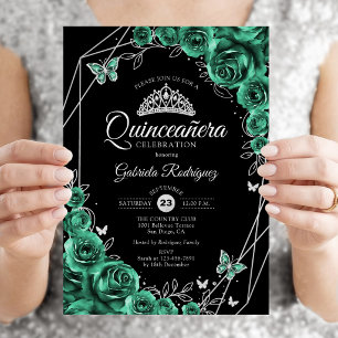 Invitación Quinceanera Floral Esmeralda Verde Plata Negro