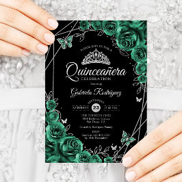 Invitación Quinceanera Floral Esmeralda Verde Plata Negro
