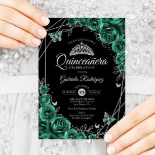 Invitación Quinceanera Floral Esmeralda Verde Plata Negro