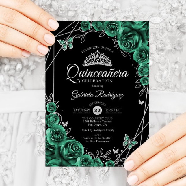Invitación Quinceanera Floral Esmeralda Verde Plata Negro (Subido por el creador)