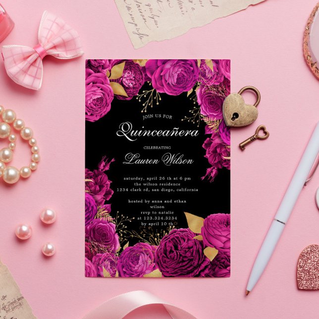 Invitación Quinceanera floral exclusiva de oro rosado calient (Subido por el creador)