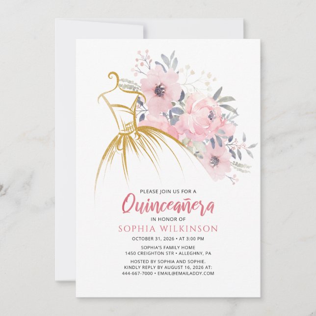 Invitación Quinceanera Floral Faux Gold Dress 15º cumpleaños (Anverso)