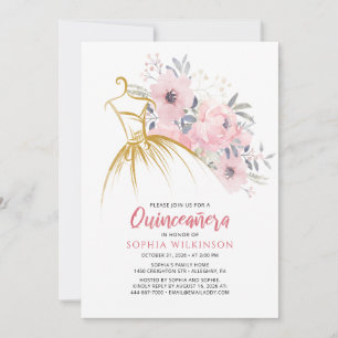 Invitación Quinceanera Floral Faux Gold Dress 15º cumpleaños